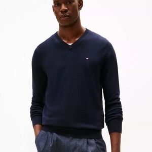 Tommy Hilfiger Sz L Blue Navy Solid Logo V Neck Sweater Pullover Stretch